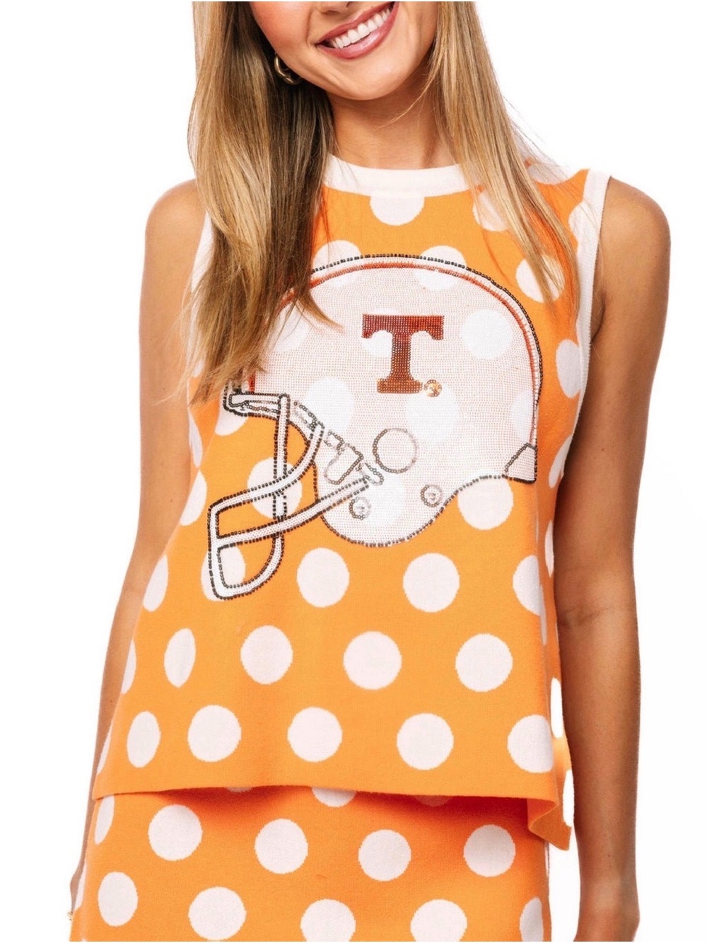 QUEEN OF SPARKLES Orange and White Polka Dot Football Tank